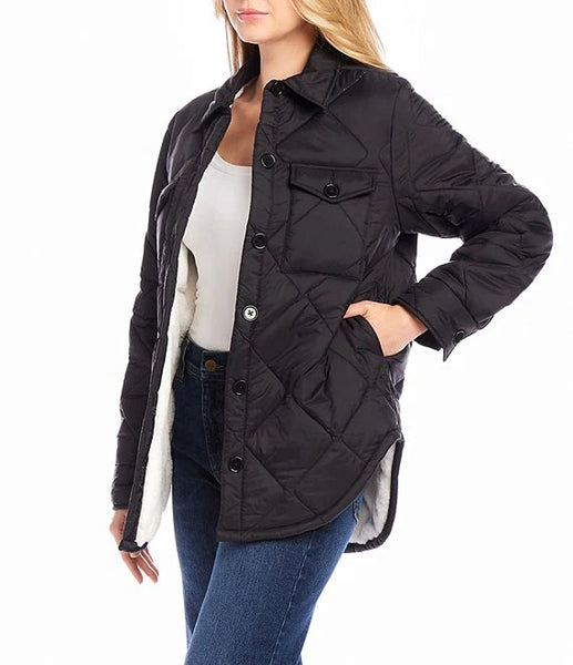 Faux Fur Quilted Jacket - Black/Cream