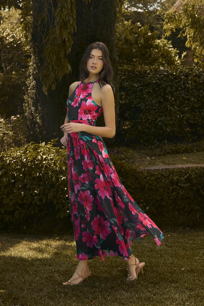 Abbey Dress - Navy Raspberry Watercolor Floral