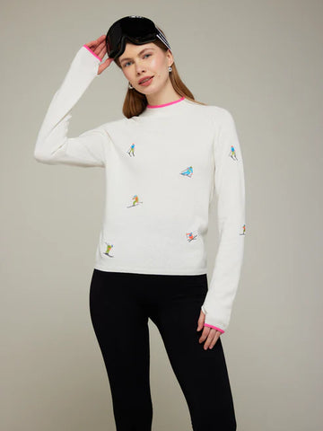 Ditsy Ski Embroidery Mock Neck Sweater - Ice Water