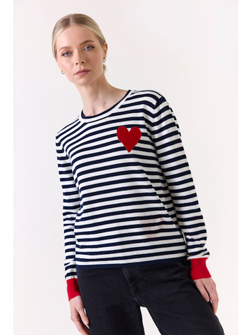 Heart Embroidery Stripe Crew - Navy