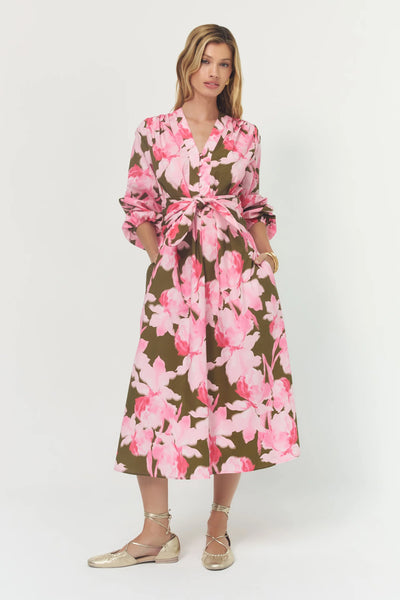 Braddock Dress - Olive/Pink Messy Watercolor Orchids