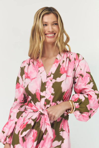 Braddock Dress - Olive/Pink Messy Watercolor Orchids