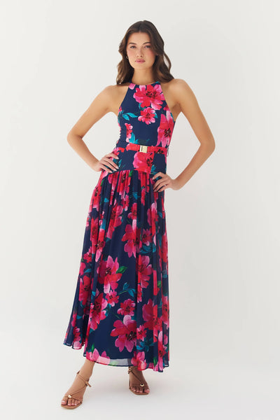 Abbey Dress - Navy Raspberry Watercolor Floral