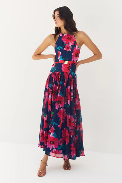 Abbey Dress - Navy Raspberry Watercolor Floral