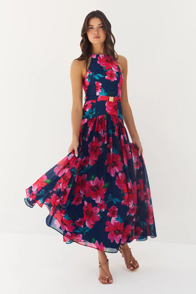 Abbey Dress - Navy Raspberry Watercolor Floral