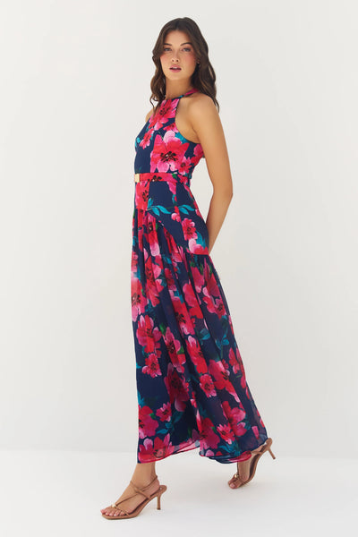 Abbey Dress - Navy Raspberry Watercolor Floral