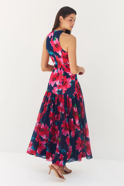 Abbey Dress - Navy Raspberry Watercolor Floral