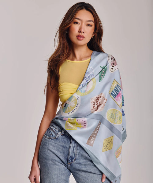 Travel Stickers Silk Square Scarf - Blue Shadow