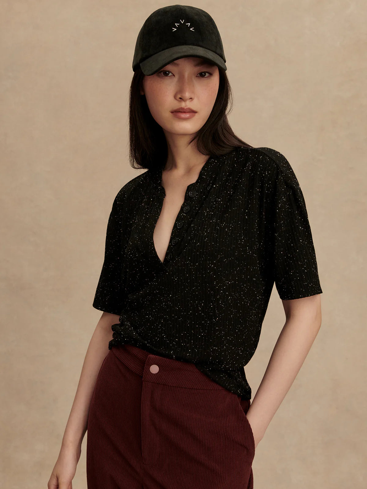 Odette Mock Placket Tee - Black/ Egret