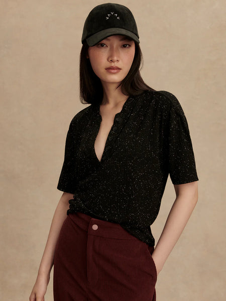 Odette Mock Placket Tee - Black/ Egret