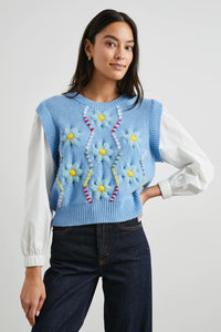 Tess Sweater Vest Top - Blue Cable Daisies