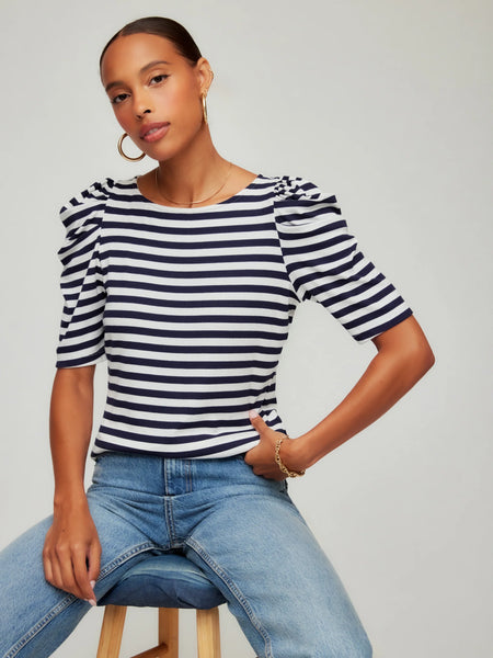 Marni Elbow Sleeve Top - Navy/White