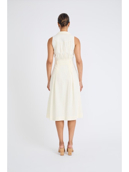 Collared V-Neck Belted Midi Dress - Winter White