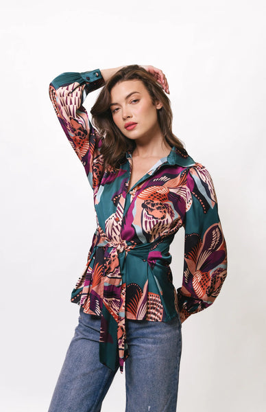 Kaylen Button Up Top - Teal Jungle Floral