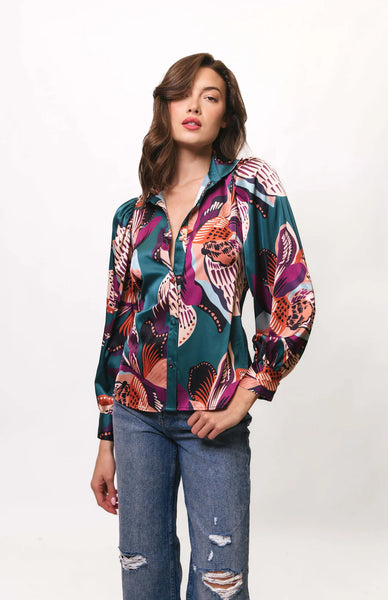 Kaylen Button Up Top - Teal Jungle Floral