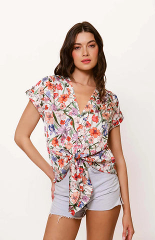 Tie Front Button Down Top - Tropical Garden