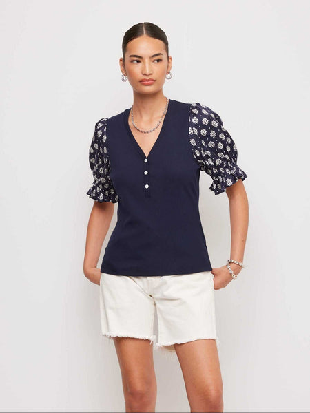 Tamra Contrast Poof Sleeve Top - Navy