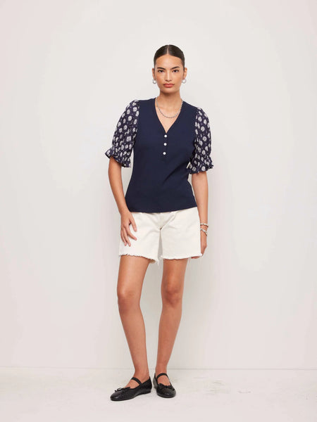 Tamra Contrast Poof Sleeve Top - Navy