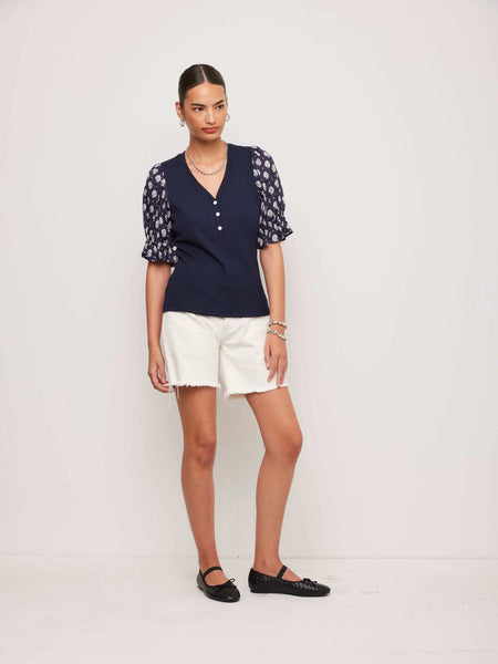 Tamra Contrast Poof Sleeve Top - Navy