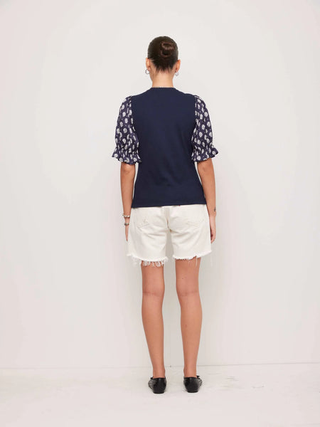 Tamra Contrast Poof Sleeve Top - Navy