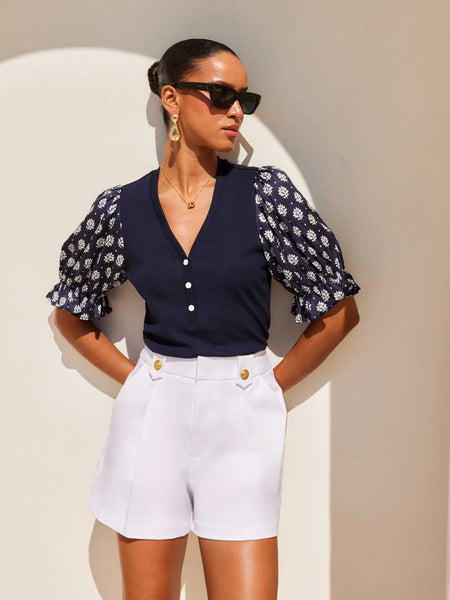 Tamra Contrast Poof Sleeve Top - Navy