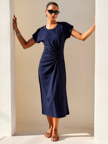 Aveline Side-Twist Midi Dress - Navy