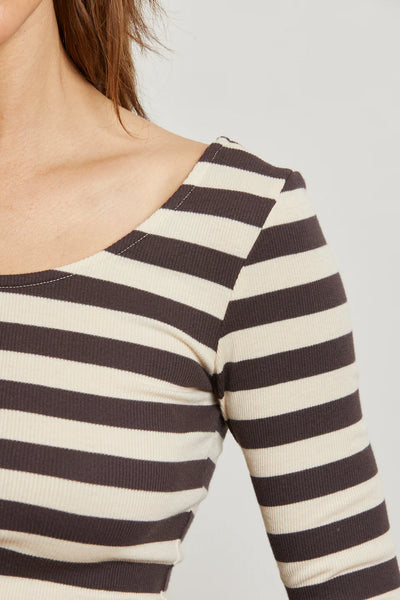 Anya Ribbed L/S Scoop Neck - Mocha Stripe