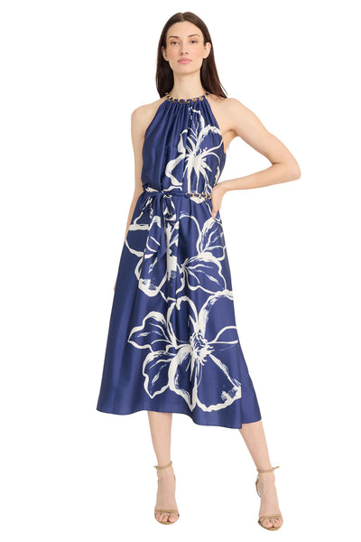 Rhianna Gold Chain Halter Dress - Navy/Ivory