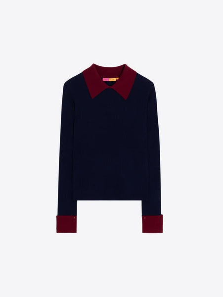Raw Ribbed Jersey Shirt Collar - Navy & Burgundy