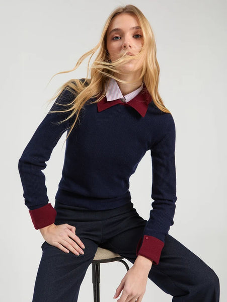 Raw Ribbed Jersey Shirt Collar - Navy & Burgundy