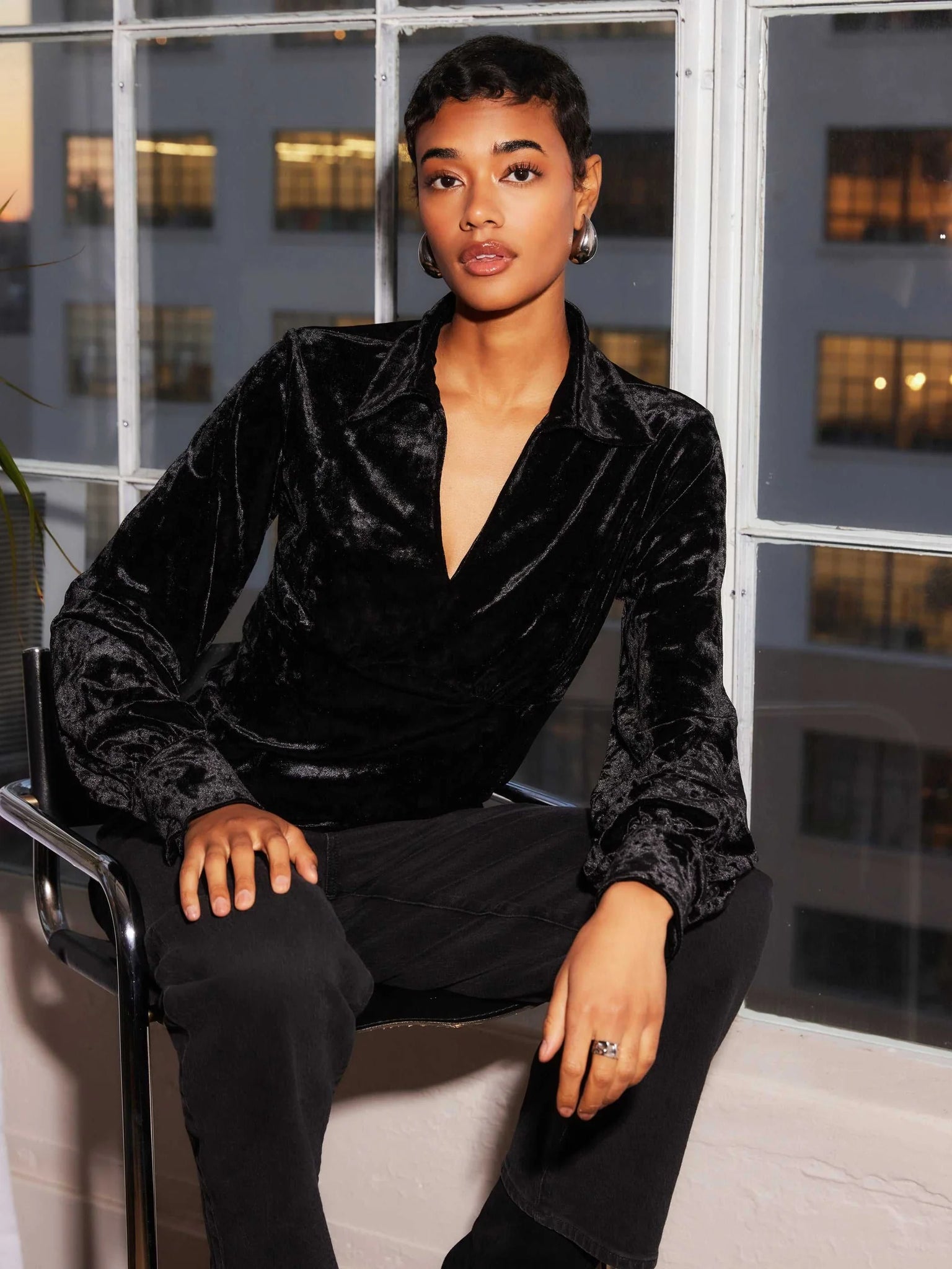 Bianca Collar Shirred Top - Black