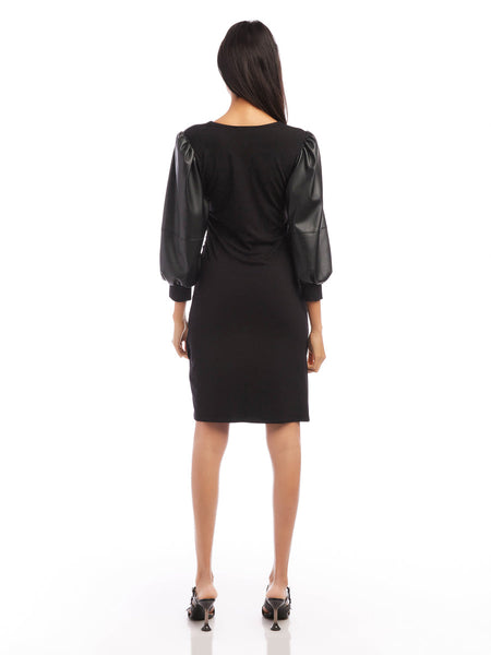 Contrast Shirred Dress - Black