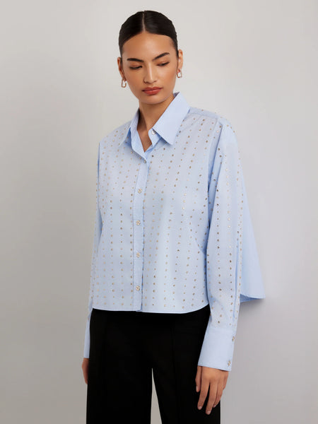 Lisa Embellished Button Up Top - Sky Blue