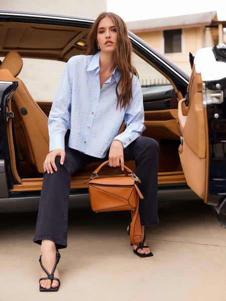 Lisa Embellished Button Up Top - Sky Blue