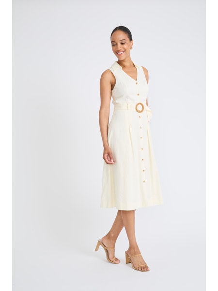 Collared V-Neck Belted Midi Dress - Winter White