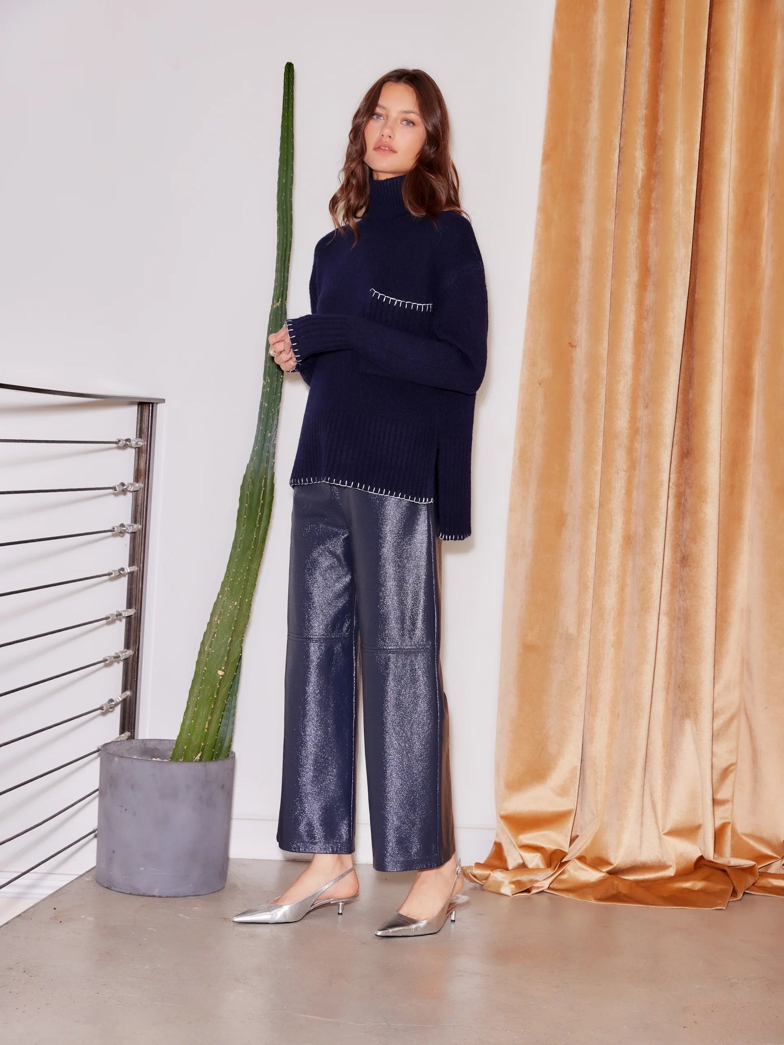 Faux Patent Leather Crop Pants - Navy