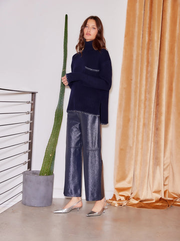 Faux Patent Leather Crop Pants - Navy
