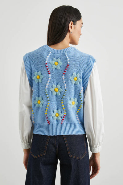 Tess Sweater Vest Top - Blue Cable Daisies