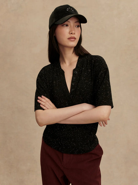 Odette Mock Placket Tee - Black/ Egret