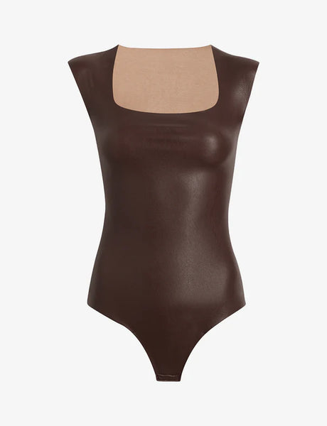 Faux Leather Cap Sleeve Bodysuit - Chocolate