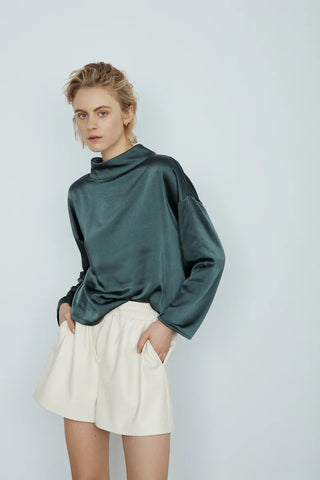 Charlyne Mock Neck Satin Top - Bistro Green