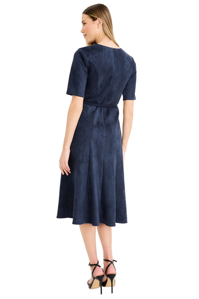 Suede Soft Flare A-Line Midi Dress - Navy