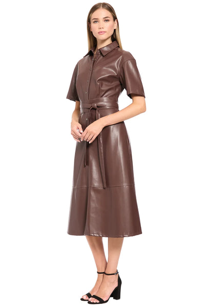 Faux Leather Belted Midi Dress - French Roast