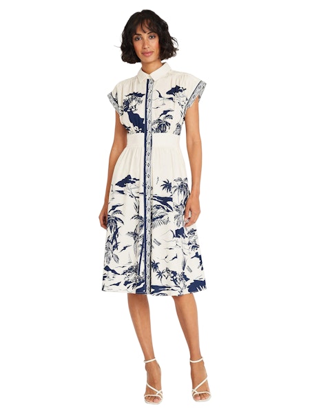 Fit And Flare Belted Collared Midi Dress - Cream/Navy