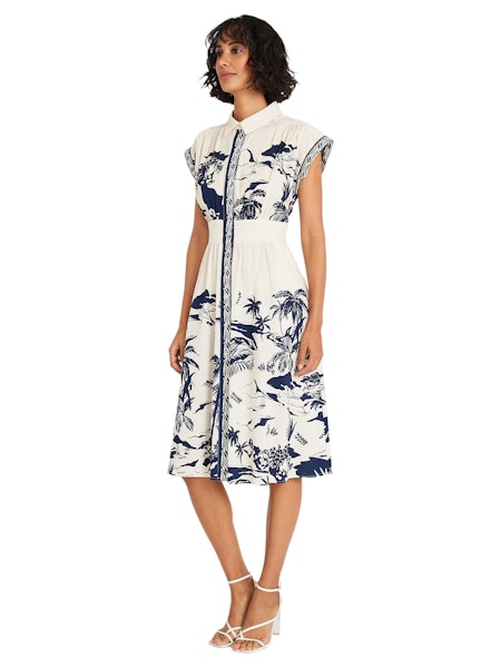 Fit And Flare Belted Collared Midi Dress - Cream/Navy