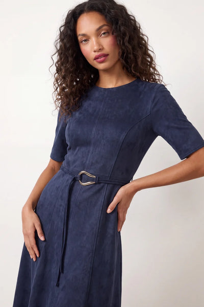 Suede Soft Flare A-Line Midi Dress - Navy