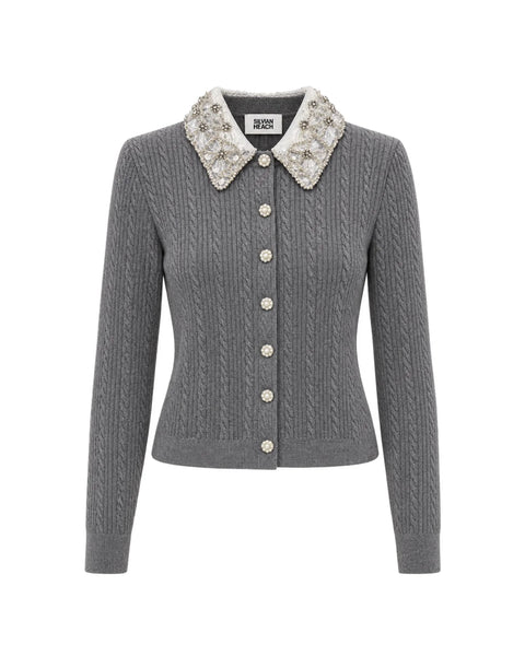 Cropped Cardigan With Lace Collar - Grey