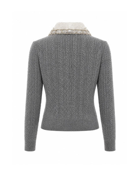 Cropped Cardigan With Lace Collar - Grey