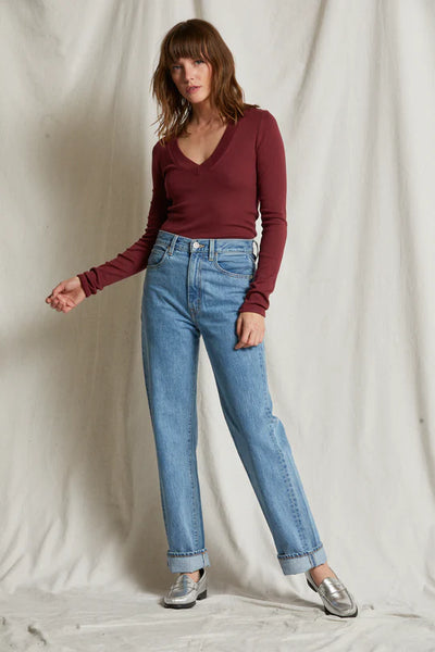 Viola V-Neck Ribbed Long Sleeve Tee - Cranberry