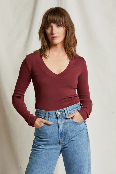 Viola V-Neck Ribbed Long Sleeve Tee - Cranberry